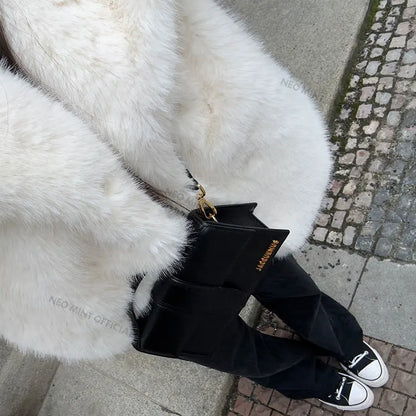 Chic Street Furry Collar Faux Fur Coat Women  Winter Hot Girls Snow White Mountain Fashion Fluffy Fox Fur Jacket