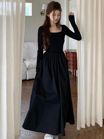 Casual Knitted Midi Dresses for Women Solid Long Sleeves Square Collar A-line Autumn New Elegant Dress Female Slim Vestidos