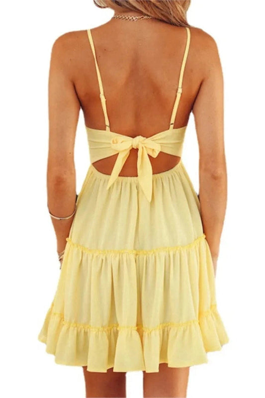 V-Neck Backless Lace-Up Mini Dress with Spaghetti Straps