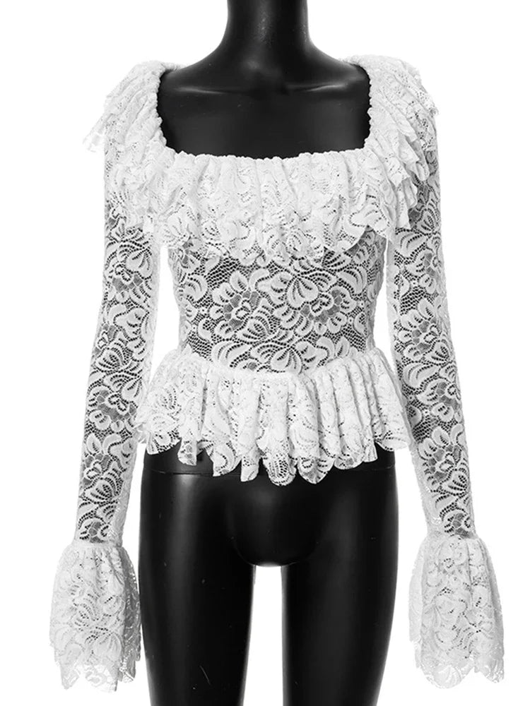 Splice Lace Square Collar See-through Top For Women Fashion Slim Sexy Flare Long Sleeve White T-Shirt Female Pullover New