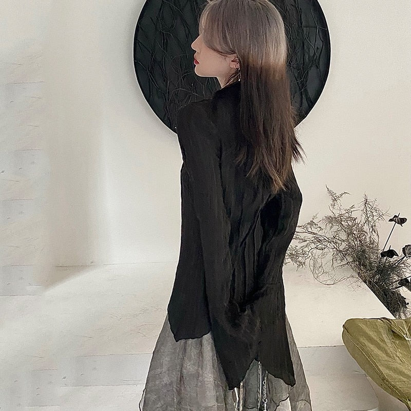 Voguable Gothic Black Shirt Yamamoto Style Dark Aesthetic Blouse Irregular Designer Clothes Emo Alt Clothes Grunge Tops Y2k