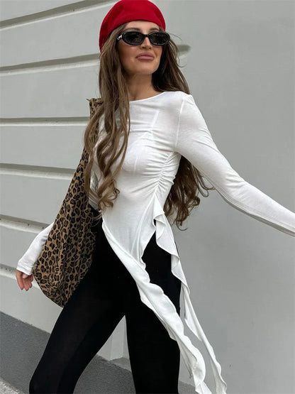 White Knit Slim T-shirt Pullover Female Ruffled Patchwork See-Through Long Sleeve Y2k Sexy Inner Top Women’s Knitwear Tee