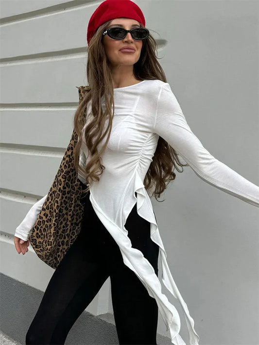 White Knit Slim T-shirt Pullover Female Ruffled Patchwork See-Through Long Sleeve Y2k Sexy Inner Top Women’s Knitwear Tee