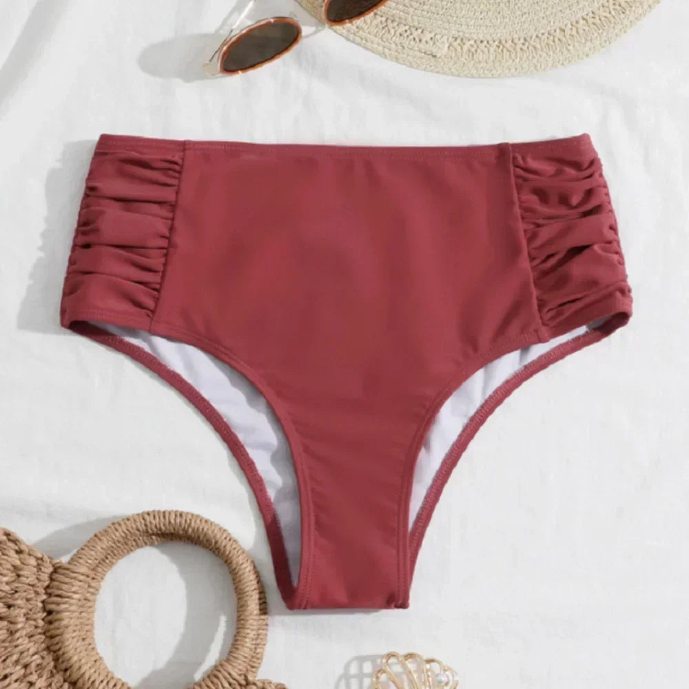 High Waist Ruched Bikini Bottoms Women Tummy Control Swimsuit Briefs Pants Solid Beachwear Spandex Beach Style Summer