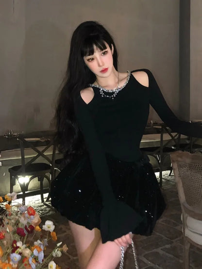 Autumn Winter Knitted Black Dresses for Women Long Sleeves High Waist A-line Birthday Party Dress Mini Vestidos Female Clothing