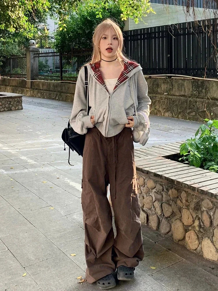 TAVIMART  -  Vintage Plaid Patchwork Hoodies Women Gray 90s Retro Sweatshirt with Zipper Oversized Streetwear Autumn Winter Clothes