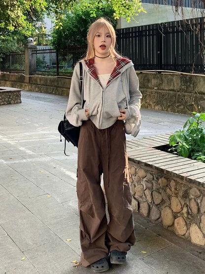 TAVIMART  -  Vintage Plaid Patchwork Hoodies Women Gray 90s Retro Sweatshirt with Zipper Oversized Streetwear Autumn Winter Clothes