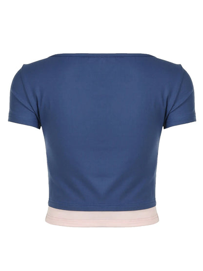 Contrast Patchwork Slim Casual Cute Y2K Cropped T-Shirts Women Blue Square Collar Short Sleeve Basic Summer Top Tees