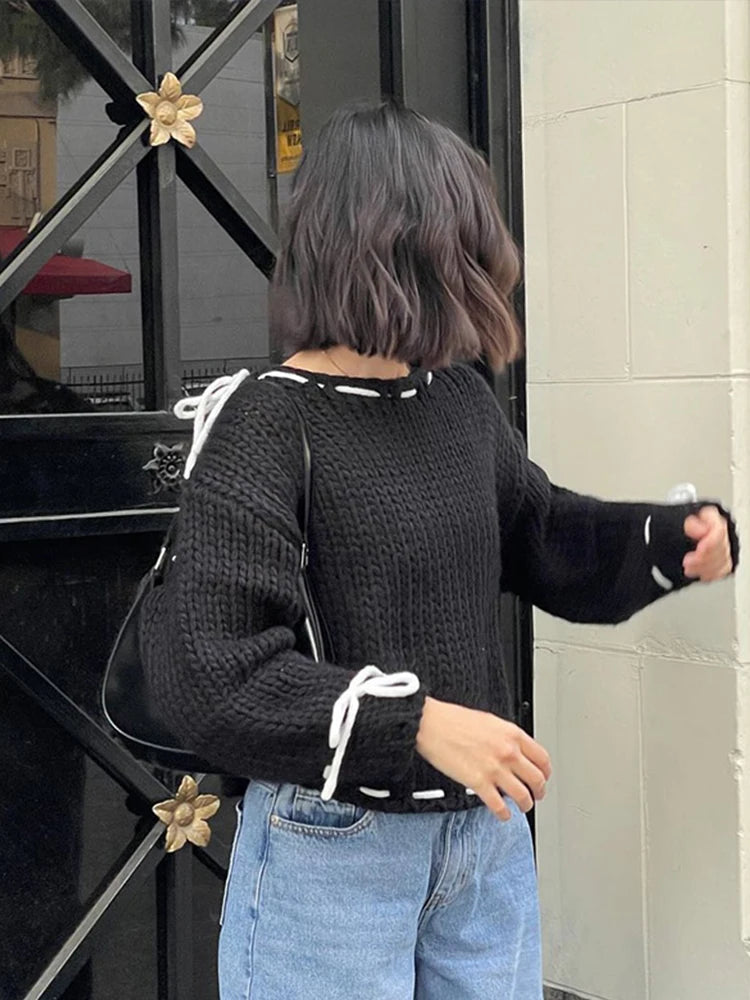 Chic Loose Lace Up Women’s Sweater Elegant Round Neck Long Sleeves Pullover Top Lady Autumn Fashion Streetwear