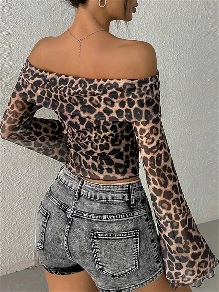 Leopard Printed Mesh T-shirt Top For Women Off-Shoulder Long Sleeve Cropped Y2k Top Pullover Contrast Female Slim Tee