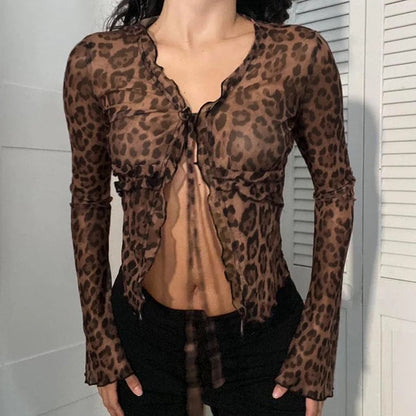 Leopard Print Vintage Brown Long Sleeve Crop Top Shirring Detail V-neck Lace-up T-shirt Party Women Outfits Autumn