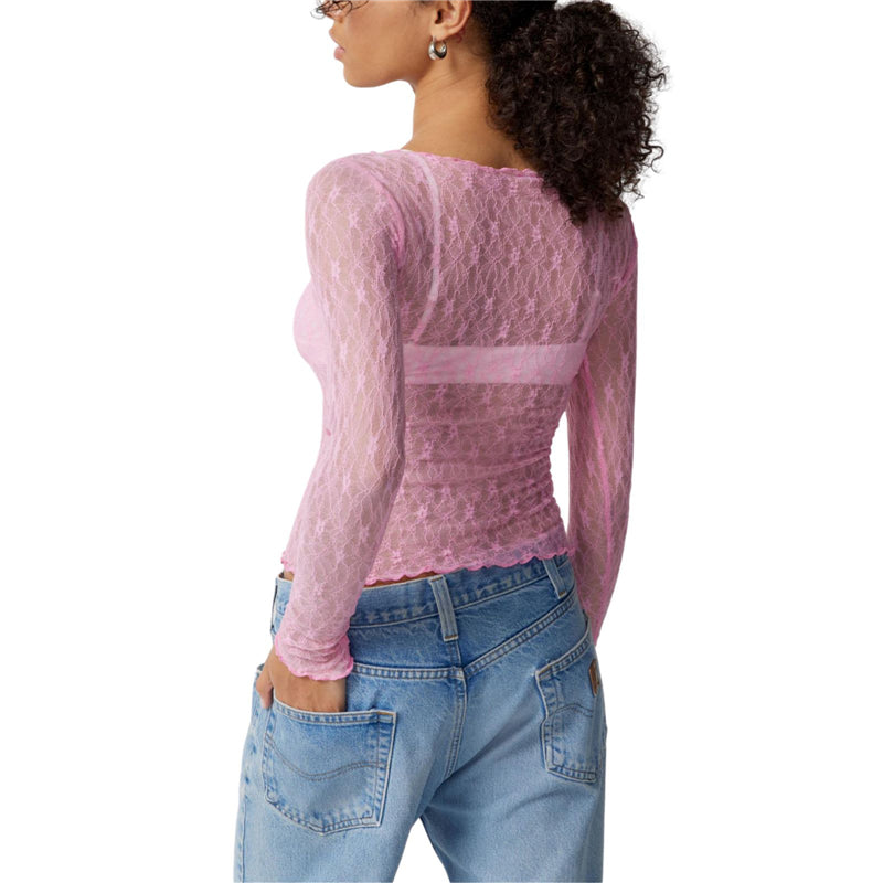 Lace Tops for y2k Clothes Sheer See Through Round Neck Long Sleeve Ruched T Shirt 2000s Clothing Party Clubwear