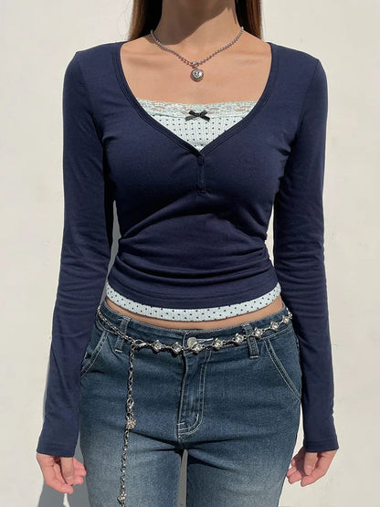 Voguable  Polka Dot Printed Lace Patchwork Fake Two-piece Top y2k Coquette Long Sleeve T-shirt Harajuku Pullover Cute Tees Casual