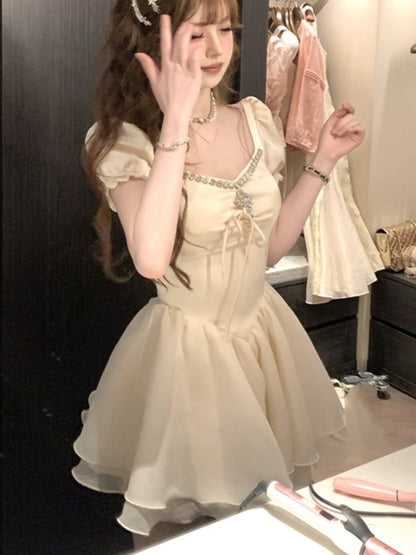 Elegant Vintage Princess Birthday Party Mini Dresses for Women Diamons Ball Gown A-line Korean Luxury One Piece Vestido Mujer