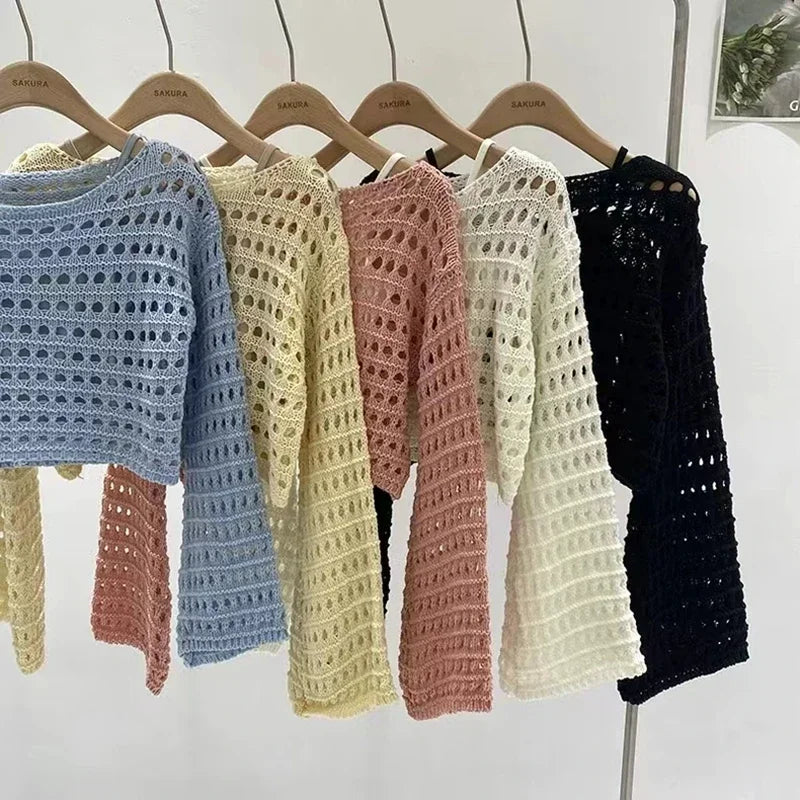 Vintage Hollow Out T-shirt Casual Knit Sweater Loose Y2K T-shirt Crewneck Thin Sweater Autumn Pullovers Fashion Streetwear