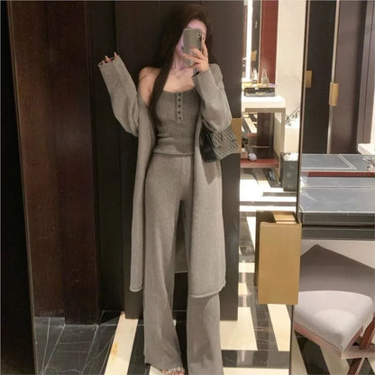 Autumn Winter New Knitted 3-piece Set Women Halter Vest Long Cardigan Long Pants Casual Solid Korean Fashion Female Outfits