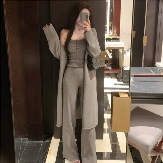 Autumn Winter New Knitted 3-piece Set Women Halter Vest Long Cardigan Long Pants Casual Solid Korean Fashion Female Outfits
