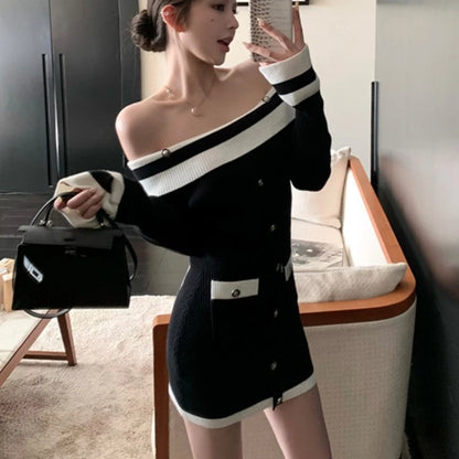 Elegant Slash Neck Knitted Dress Women Long Sleeve Bodycon Mini Dresses Korean Fashion Autumn Winter New Slim Casual Vestidos