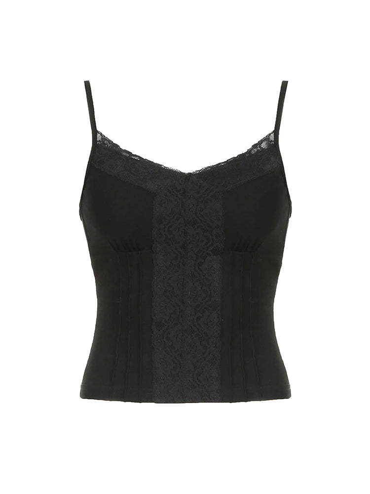 Black Solid Lace Patchwork Slim V Neck Basic Cute Camisole Women White Y2K Crop Top
