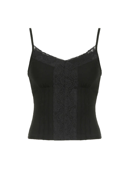 Black Solid Lace Patchwork Slim V Neck Basic Cute Camisole Women White Y2K Crop Top
