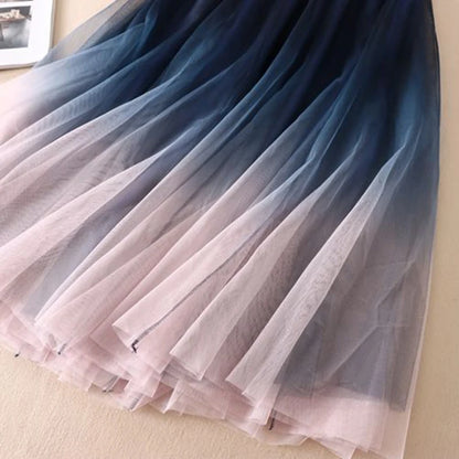 Gradient Tulle Midi Skirt Women Elegant Mesh Pleated Skirts Summer Korean Fashion High Waist Casual All Match A Line Skirt