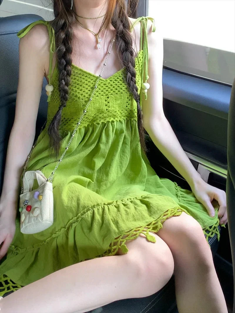 Y2k Leisure Holiday Wind Fruit Green Dress Cool Feel Lazy Wind Hollow Pendant Feeling Suspender Long-Short Dresse