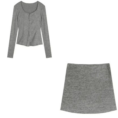 Voguable  2 Piece Dress Set Elegan Casual Long Sleeve Knitted Suits Y2k Crop Tops + Bodycon High Waist Mini Skirt Korean