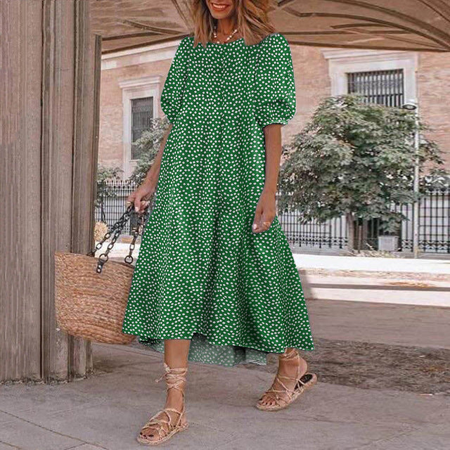 2025 Summer New Women&#8217;s Print Dress Puff Short Sleeves Ruffles Loose A-line Midi Dresses Fashion Casual Beach Vacation Vestidos