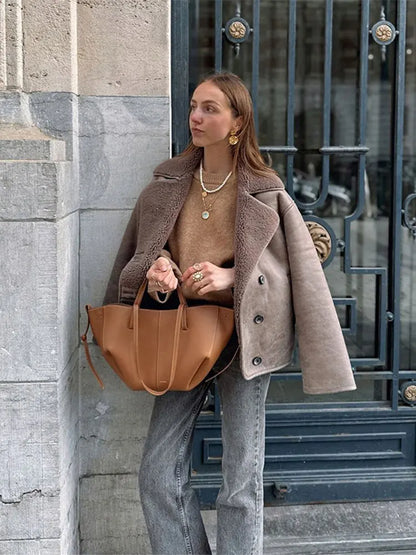 Elegant Lapel Women's Lamb Wool Splicing Suede Jacket Fashion Single Breasted Long Sleeve Thicken Warm Coat Lady Streetwear