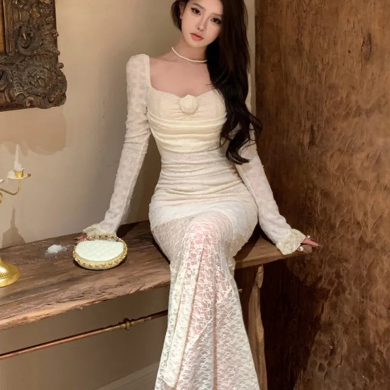 Autumn Sexy Lace Maxi Dresses for Women Off Shoulder Fishtail Bodycon Mermaid Birthday Evening Party Prom Robe Vestidos Mujer