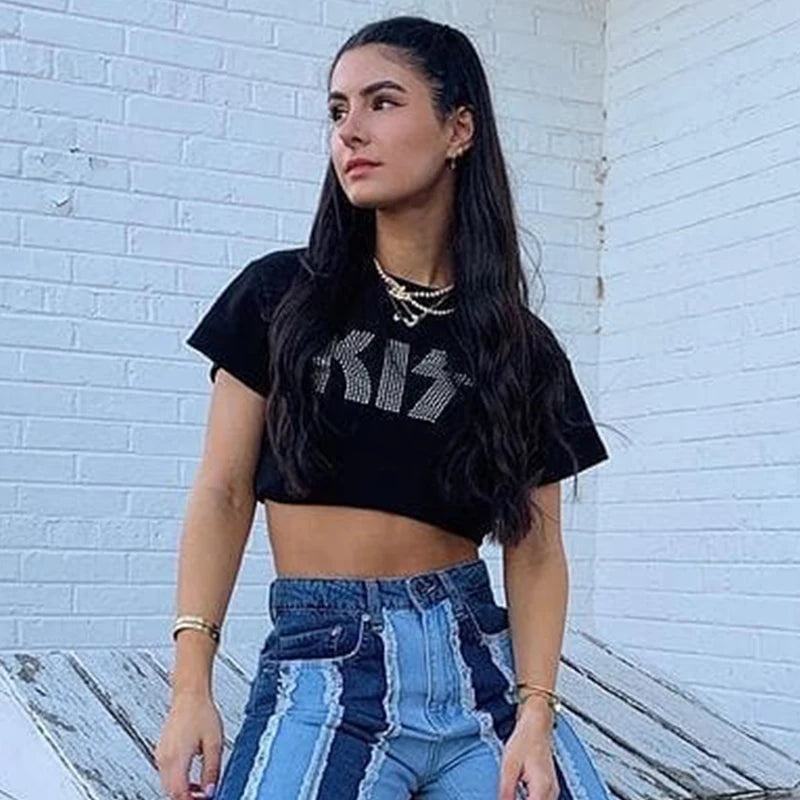 Summer European and American style short sleeved T-shirt with letter hot diamond top, t-shirt with slim fit inside for women