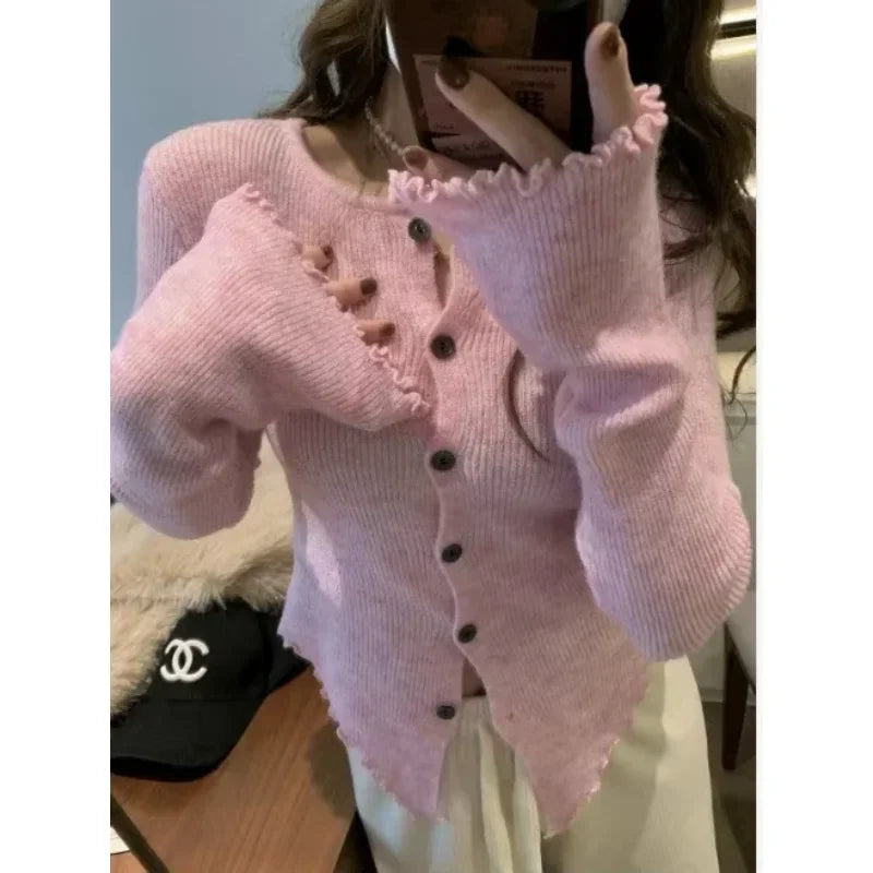 Autumn Hotsweet Long Sleeve Single Breasted Ladies Cardigans Women Gyaru Solid Color Knitting Casual O-Neck Sexy Sweater