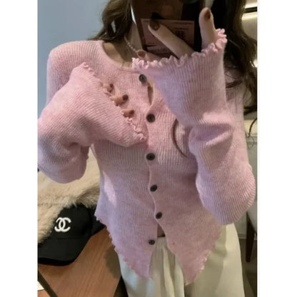 Autumn Hotsweet Long Sleeve Single Breasted Ladies Cardigans Women Gyaru Solid Color Knitting Casual O-Neck Sexy Sweater