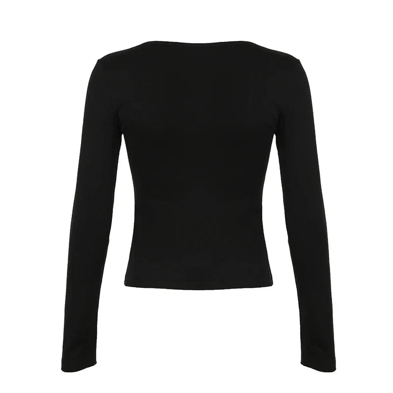 Contrast Lace Bow Cropped Top Sweet Coquette Square Collar T Shirts Black Casual Full Sleeve Tee y2k Aesthetic Lady