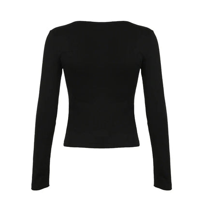 Contrast Lace Bow Cropped Top Sweet Coquette Square Collar T Shirts Black Casual Full Sleeve Tee y2k Aesthetic Lady