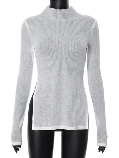 White Knitwear See-Through T-shirt Pullover Female Hollow Out Slim Loose Long Sleeve Casual Tee Women Patchwork Top Tee