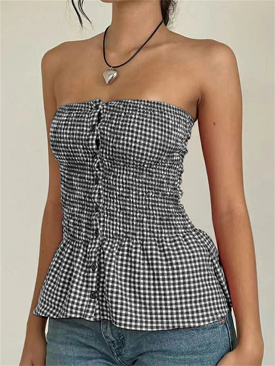 Y2k Red Gingham Crop Top Womean Strapless Ruffle Hem Sleeveless Button Cami Coquette Aesthetic Plaid Print Crop Top Summer