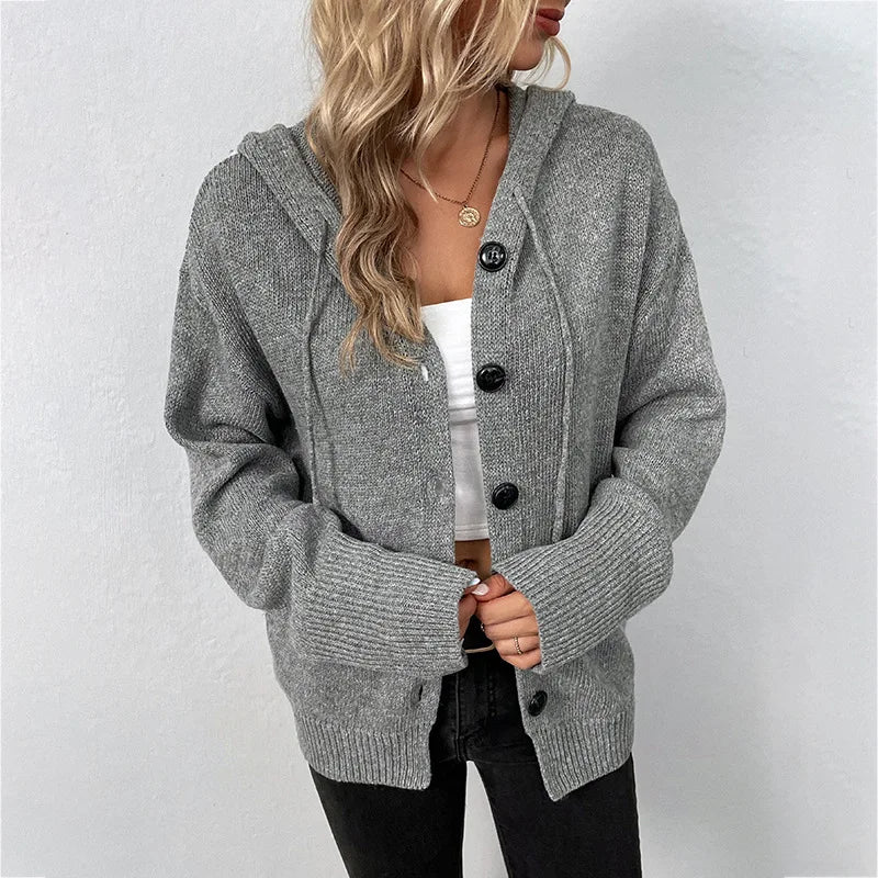 Winter Knitwear Y2k Harajuku Casual Single Breasted Solid Color Hooded Drawstring Knit Cardigan Sweater Women