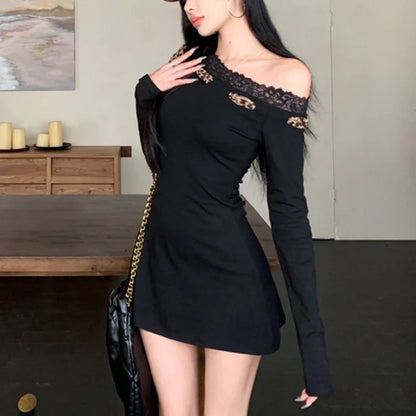 Sexy Dress Women y2k Clothes Leopard Print Lace Trim Off Shoulder Long Sleeve A Line Mini Dress Party Dresses Clubwear