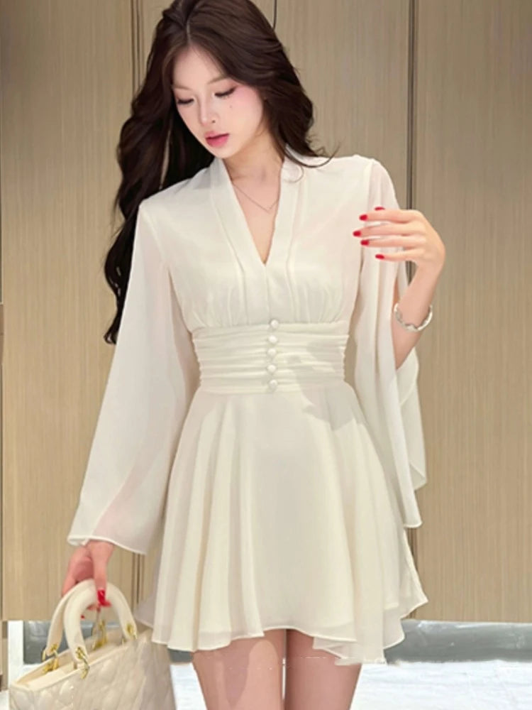Elegant Solid Chiffon Short Dresses for Women V-neck Long Sleeve High Waist Ruffles A-line Korean Fashion One Piece Vestido New