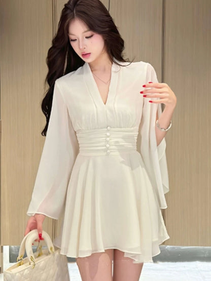 Elegant Solid Chiffon Short Dresses for Women V-neck Long Sleeve High Waist Ruffles A-line Korean Fashion One Piece Vestido New