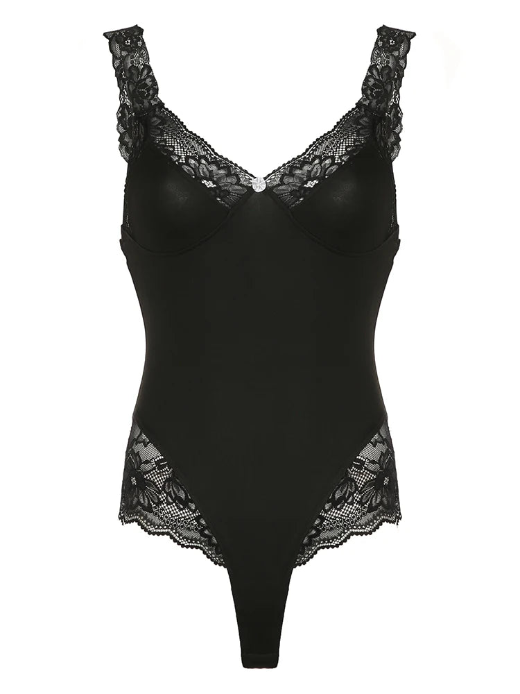 Black Backless Sleeveless V Neck Skinny Sexy Tank Bodysuit Women Lace Patchwork Elegant Rave Bodys Camisole