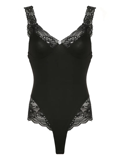 Black Backless Sleeveless V Neck Skinny Sexy Tank Bodysuit Women Lace Patchwork Elegant Rave Bodys Camisole