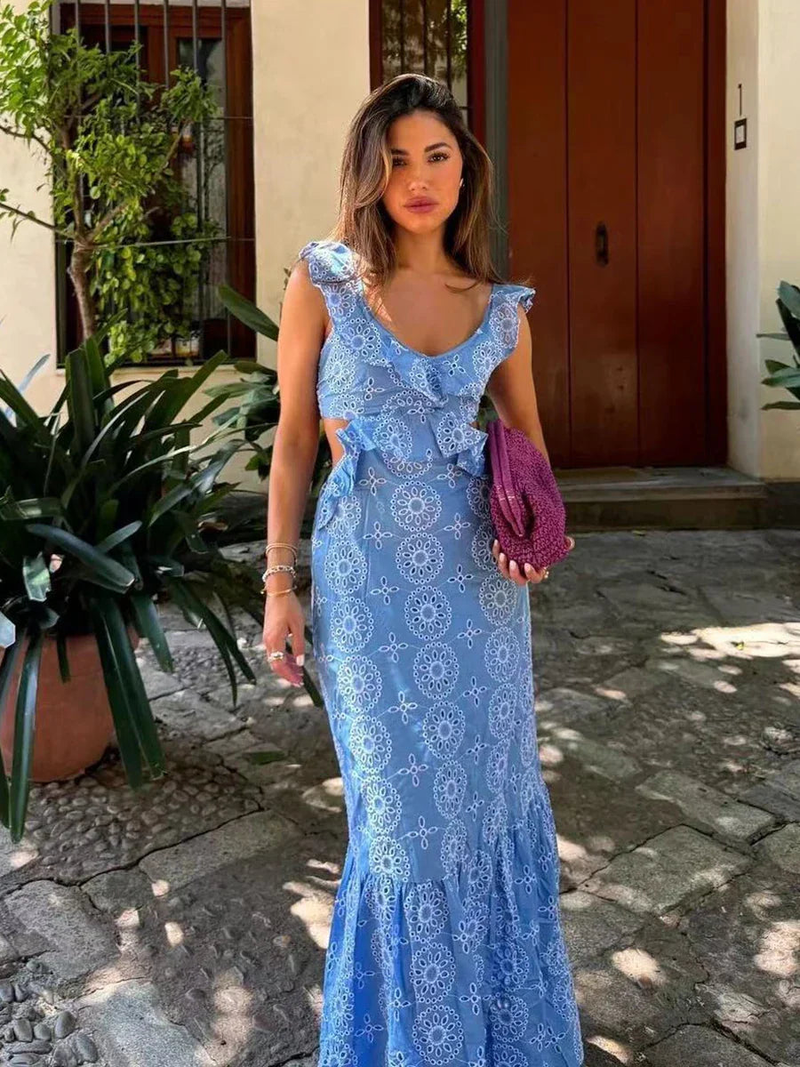 Blue Hollow Out Embroidered Midi Dress Women Summer New V Neck Sleeveless Ruffle Long Dresses Elegant Fashion Holiday Vestidos