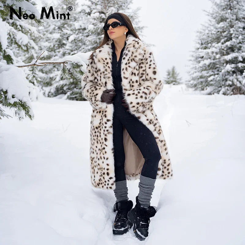 Luxury Maxi Long Leopard Belted Faux Fur Coat Women Winter  Brand Fashion Mob Wife Vibe Fox Fur Jacket Overcoat