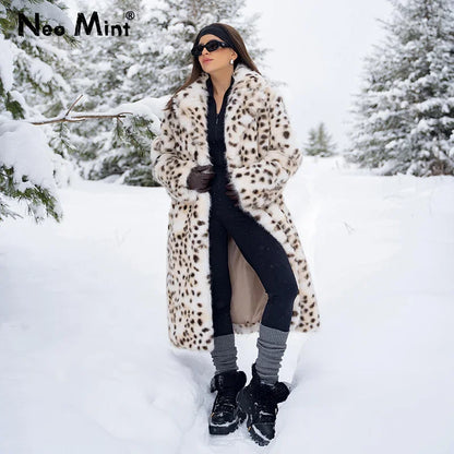 Luxury Maxi Long Leopard Belted Faux Fur Coat Women Winter  Brand Fashion Mob Wife Vibe Fox Fur Jacket Overcoat