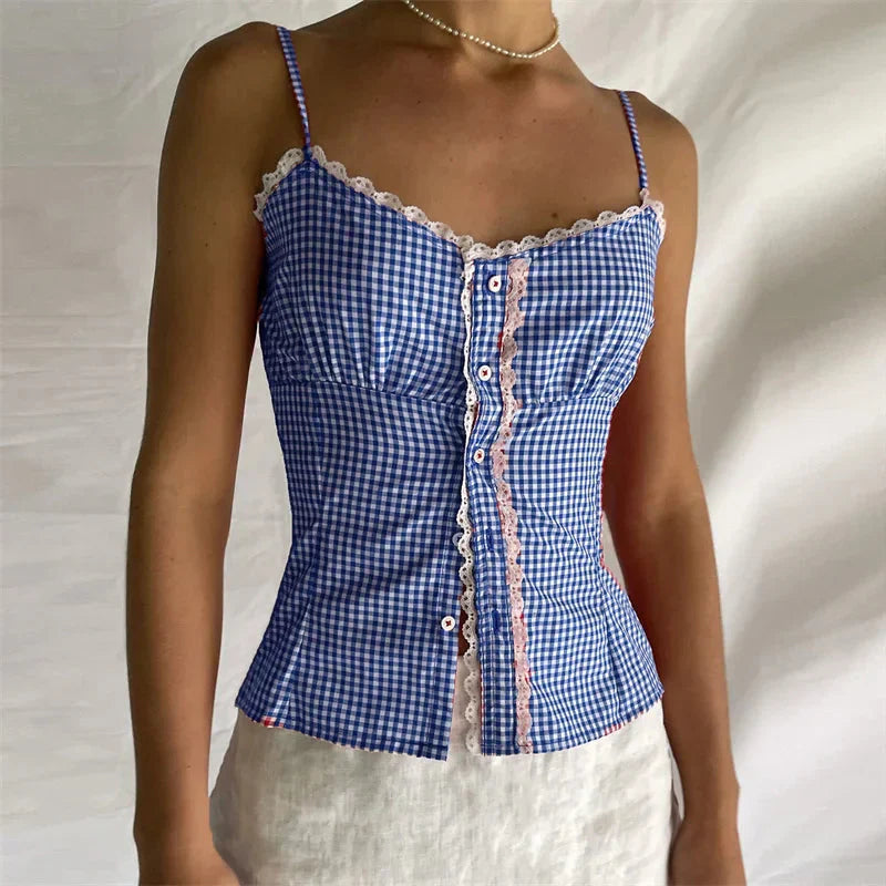 y2k Tops for Plaid Print Lace Trim Spaghetti Strap Sleeveless Single Breasted Camisole Sweet Coquette Clothing