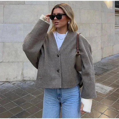 Vintage Solid Single Breasted Short Coats Women Casual Long Sleeves V Neck Crop Jackets Autumn Chic Lady Commuter Outerwear