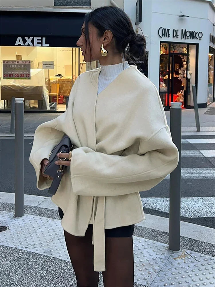 Lace-Up White V-Neck Overcoat Female Loose High Street Long Sleeve Autumn  Patchwork Coat Women&#8217;s Bandage Outwear New