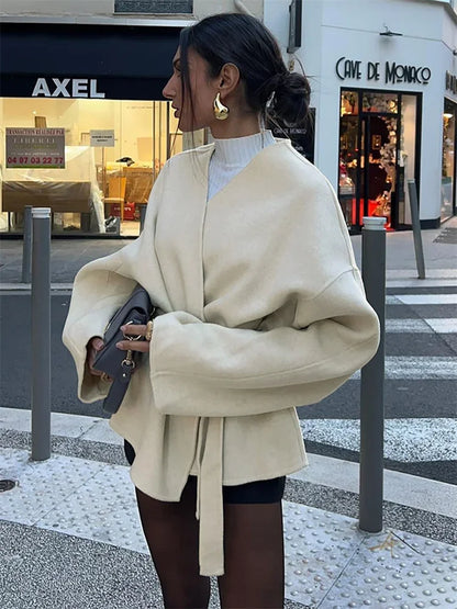 Lace-Up White V-Neck Overcoat Female Loose High Street Long Sleeve Autumn  Patchwork Coat Women&#8217;s Bandage Outwear New